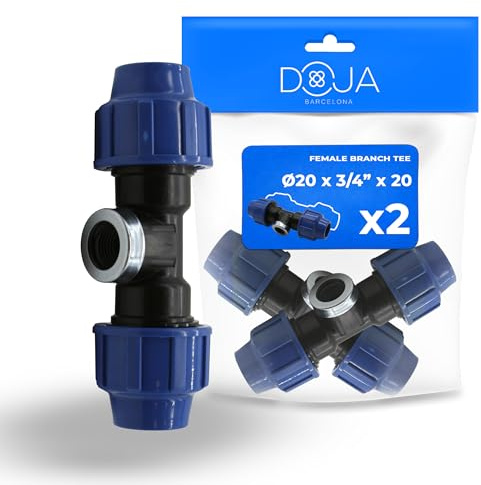 DOJA Barcelona Raccordo a T per Tubi PE Femmina per MDPE - 20x3/4x20 - Pack 2 - Tee Idraulica a Compressione per Tubo Acqua - Connettore Rapido, Robusto, Installazione Semplice e Collegamento Sicuro