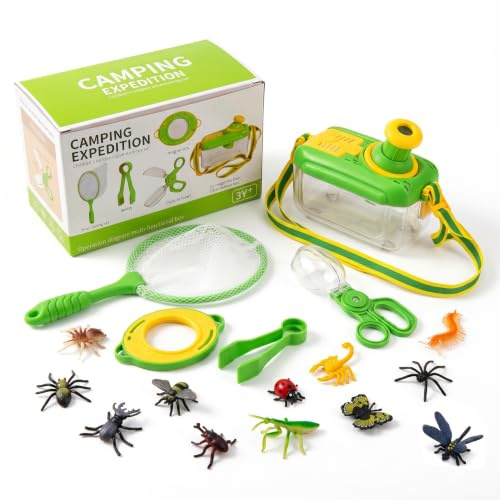 Kids Bug Catcher Kit, Outdoor Explorer Toys, Hunting Minibeasts Collecting Box Ant Spider Caterpillar Butterfly Net 12 Fake Insects, Toddler Camping Equipment, Birthday Gift Boys Girls Age 3 4 5 6 7