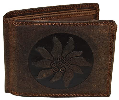flevado Edelweiss Voll Leder Büffel Herren Geldbörse Biker Brieftasche Braun