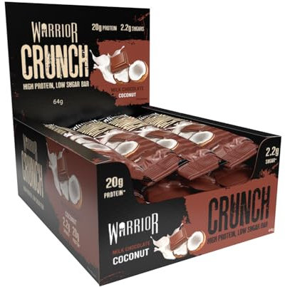 Warrior, CRUNCH - High Protein Bars - 20g Protein Each Bar - 12 Pack x 64g, Milk Chocolate Coconut