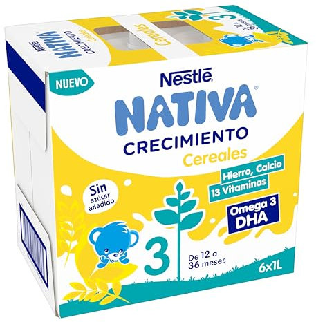 NESTLÉ NATIVA Leche de crecimiento líquida con Cereales sin azúcar añadido para bebés a partir de 1 año. 6 bricks de 1L