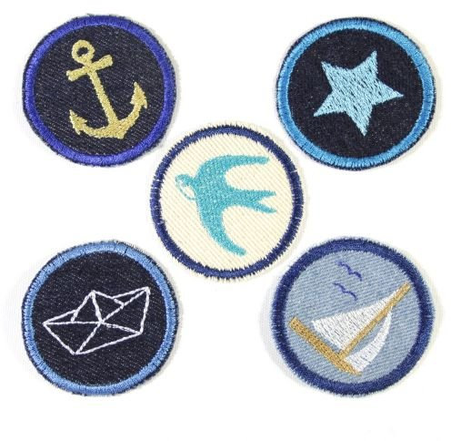 Bügelbilder Paket Aufbügler maritim 5 Flicken ø 5cm Anker | Stern | Segelschiff | Schwalbe | Boot Flicken zum aufbügeln für Erwachsene