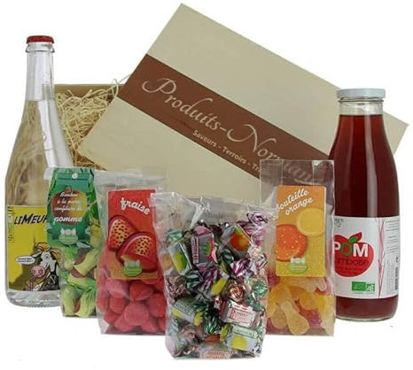 Produits-Normandie - Panier garni Normandie sucrée - Comprend 6 produits gourmands dont 1 bouteille de limonade de 75cl et 1 jus de pomme de 75cl