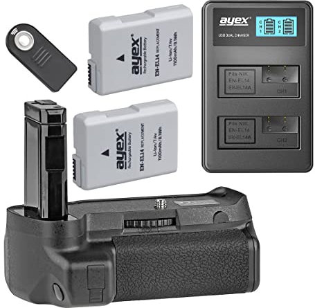 ayex Battery Grip Set Compatible with Nikon D3400 Incl. 2x EN-EL14 Batteries, USB Dual Charger & IR Remote