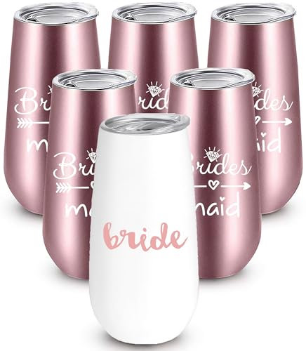 Bride to Be Champagne Flute | 6 oz Bride Tribe Stainless Steel Wine Tumblers | Engagement Wedding Gifts Bridesmaids Mugs Bachelorette Party Supplies & Games | Insulated Skinny Rose Gold Cups