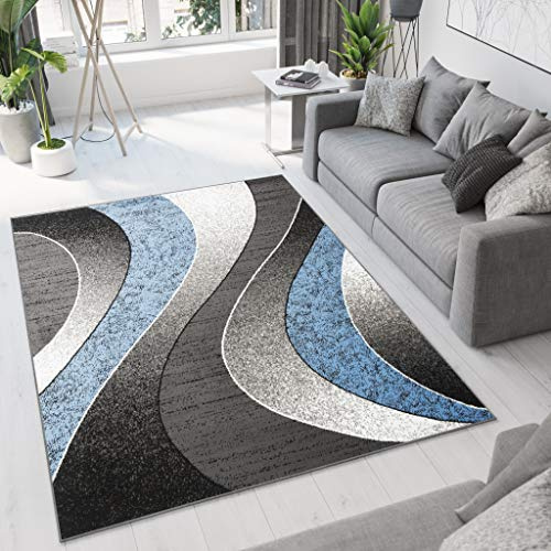 TAPISO Dream Teppich Wohnzimmer Schlafzimmer Esszimmer Kurzflor Modern Meliert Wellen Grau Dunkelgrau Blau ÖKOTEX 200 x 300 cm