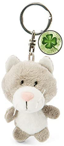 NICI 47530 Schlüsselanhänger graue Katze Plüsch 7cm Kleeblatt Glücksklee, Grau/Weiß