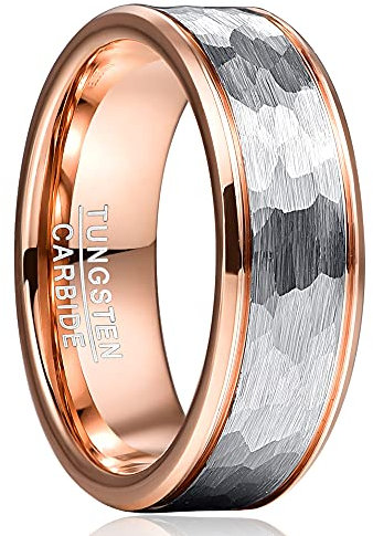 Cloyo Wolframcarbid Ring Eheringe Rosegold Ringe Damen 8mm herren ring silber Gehämmert mit Dünnen Rillen Freundschaftsringe Paar Ringe Größe 60 (19.1)