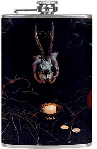 Small Flask for Liquor and Funnel Stainless Steel Leak Proof Pocket Hip Flask for Wine Whiskey Rum and Vodka Halloween Pumpkin Candle Scary