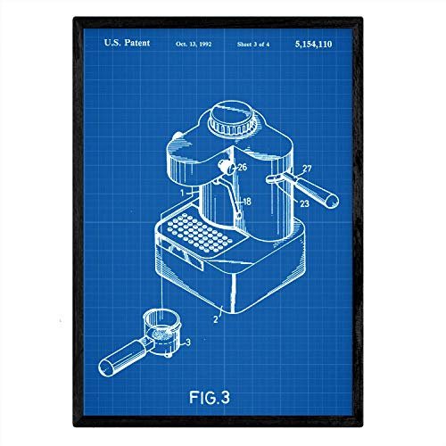 Nacnic Poster mit Rahmen, Patent für kleine Kaffeemaschine, Antikes Patent in Größe A3, blauer Hintergrund mit Rahmen
