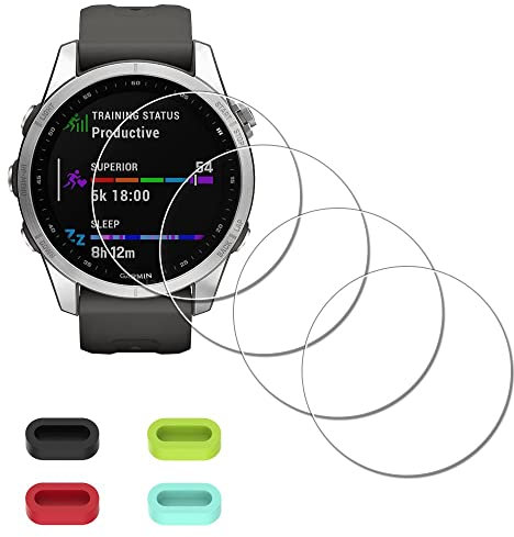 iDaPro [4Pcs Protection d'Ecran pour Garmin fenix 7S Solar / 7S / 7S Sapphire Solar+[4Pcs] Bouchons anti-poussière silicone,Verre Trempé,Dureté 9H,Anti-rayure,Sans Bulle,Anti-empreinte