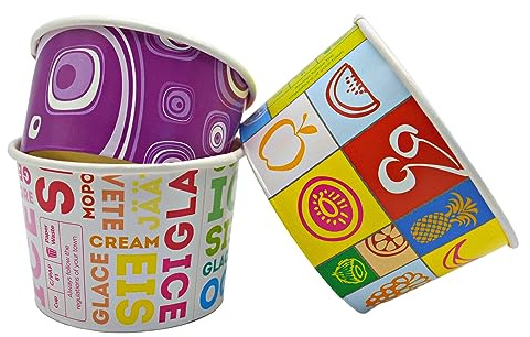 MAQA Coppe gelato e dessert 90, 135, 200 ml, Coppette gelato carta, ciotole usa e getta rotonde 200 ML/Tutti frutti