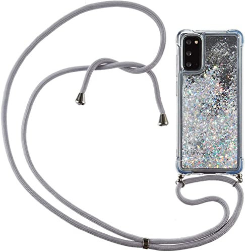 CaseLover Handykette Handyhülle für Samsung S20 FE, Glitzer Flüssig Bewegende Treibsand Transparent Silikon Case mit Kordel zum Umhängen Necklace Hülle Band für Samsung Galaxy S20 FE 5G, Silber Grau