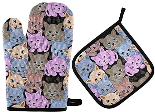 Bunte Kätzchen Katzen Ofenhandschuhe und Topflappen Set niedliche Tiere Küche Koch Ofenhandschuhe Topflappen hitzebeständiger Topflappen zum Backen Grillen BBQ