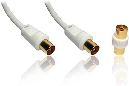 PCSL Gold T.V aerial cable (M-M) with adapter (F-F) Coaxial Cable TV Video Lead WHITE (1m)