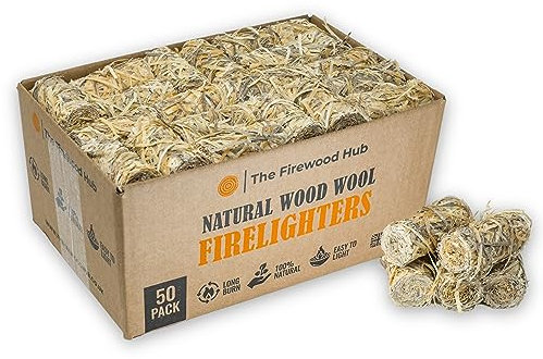50 encendedores de lana de madera para un encendido seguro, limpio e inodoro de leña y quemadores de leña, barbacoas, hornos de pizza y más. El iniciador de fuego perfecto para cualquier ocasión.