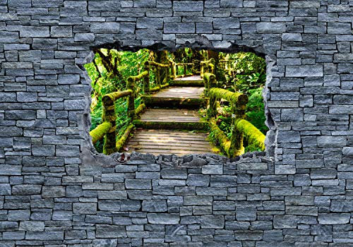 wandmotiv24 Fototapete 3D Optik -Holztreppen im Urwald - Steinmauer, 400 x 280 cm - selbstklebende Strukturtapete, Wanddeko, Wandbild, Wandtapete, 3D-Optik, Wandbruch, Landschaft M0626