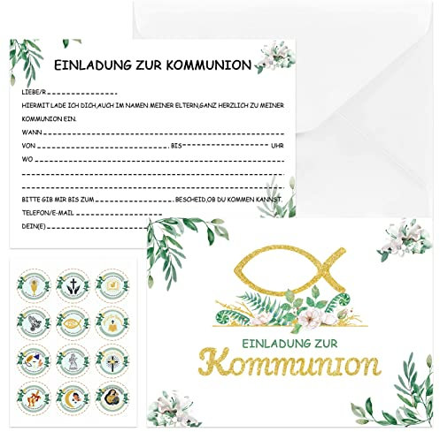 TOPJOWGA 12 Stück Einladungskarten zur Kommunion mit 12 Umschlägen, 1 Blätter Aufkleber, Einladungen zu Konfirmationsfeier Einladung Karten, Einladungen zur Konfirmation Jungen und Mädchen