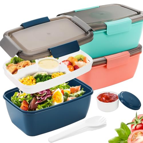 YOUEON 3 Pcs 2L Salad Lunch Container with 4 Compartment Tray, Lunch Box with Spoon & Dressing Cup, Leakproof Salad Container for Lunch, Salad Toppings, Snacks, Fruits, BPA-Free