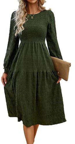 QUNERY Robe Longue Femme Casual Manches Longues Col Rond Robe Couleur Unie Robe mi-Longueur pour Fête, Noël, Mariage, Cocktail Club, Nouvel an B-Armée Verte M