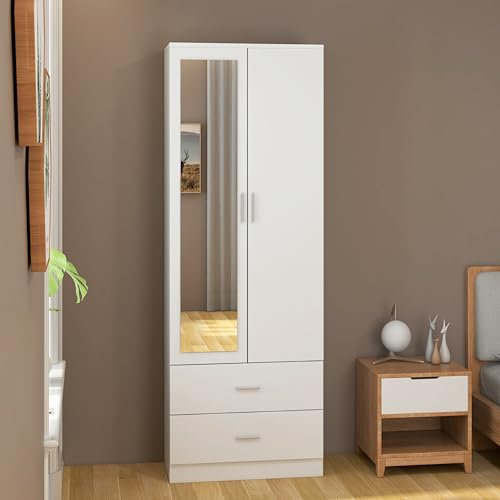 Wooden 2 Door Mirrored Wardrobe with 2 Drawers and Hanging Rail Modern Clothes Storage Cupboards Unit for Bedroom Furniture W 77 x D 50 x H 180 cm (White)