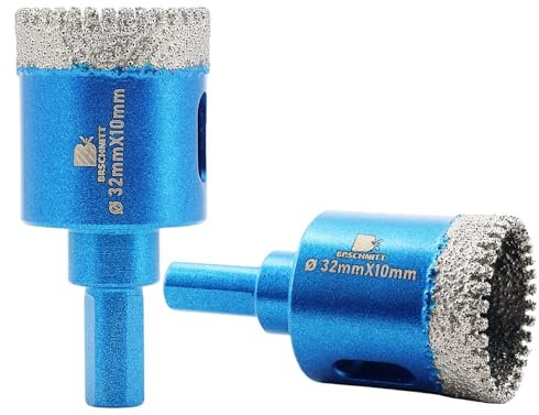Dry Diamond Core Drill Bit Set,BRSCHNITT 2pcs 32mmDiamond Hole Saw Core Drill Bit with Triangle Shank for Porcelain Tile Ceramic Stone Granite Marble