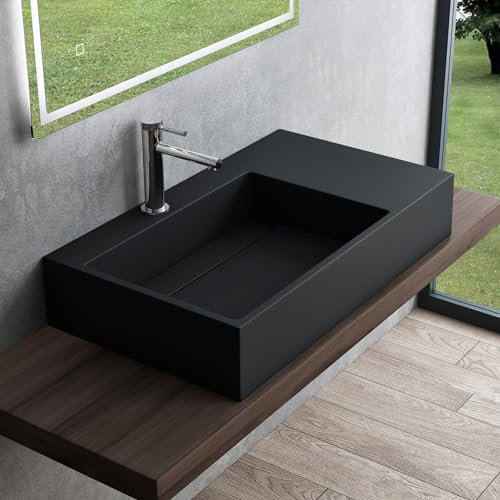 Mai & Mai Lavabo sobre Encimera Lavabo Suspendido Baño Lavabo Izquierdo | Rectangular | Antracita Mate | Mármol Fundido | 75x43x14cm | 1 Orificio para Grifo sin Rebosadero | Colossum12
