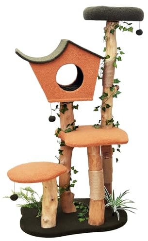 Fudajo Kratzbaum mit Pflanzendeko 154 cm, Katzenkratzbaum mit Teddyfell und Birnbaumholz, Katzenhaus mit Spielbällen, Katzenmöbel mit Plattformen
