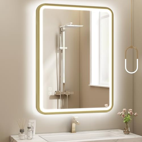 S'bagno Bathroom-Mirror-with-LED-Lights 80x60cm, Bathroom-LED-Mirror with Aluminum Frame, Anti-Fog, 3000-6500K, HD Tempered Glass, IP44 Waterproof, Memory, Horizontal/Vertical, Golden