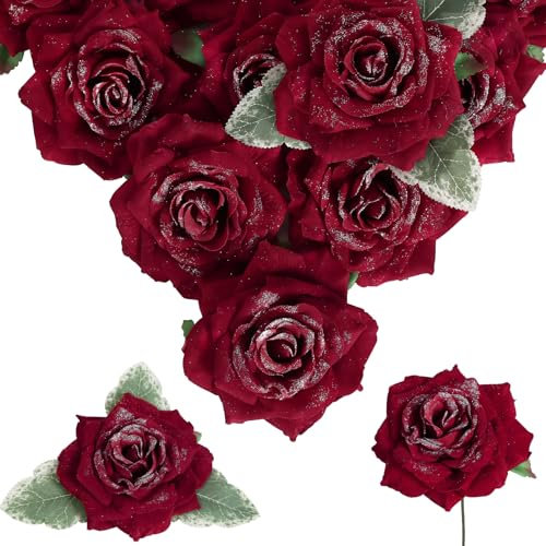 INSUNSIX Artificial Velvet Red Glitter Roses - 4.3 Red Roses, 16pcs Fake Roses Heads for Wedding Bridal Bouquets, Flower Wall, Floral Centerpiece