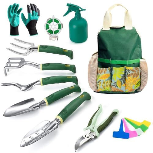 BAILEYU Gartengeräte Set 11 Stück Outdoor Pflanzen und Gartenarbeit Kit mit Hand Pruner Handschuhe Garten Tote Bag Durable Steel Trowel Set für Frauen Männer Gärtner