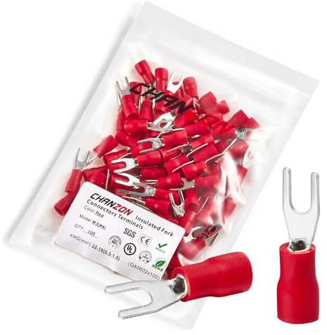 Chanzon UL Listed Insulated Fork Terminals #4 M3 U-Type - 22-16AWG - Crimp Connectors Electrical Wire Red PVC Brass Copper - 100pcs Pack