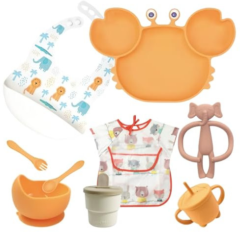 ASENME Vajilla Infantil, babero, Vajilla de silicona con ventosas Vajillas (Naranja)