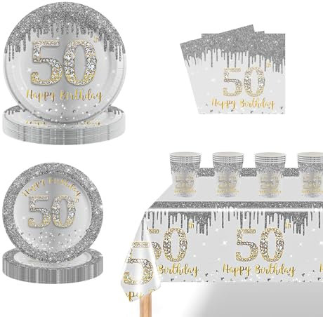 69pcs Grey Silver 50th Birthday Party Tableware,Silver 50th Birthday Tableware Set with 32P Paper Plates,20P Napkins, 50th Table Cloth,16P Paper Cups for Women Men Birthday Party Table Decorations