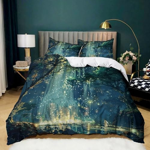 Bettwäsche 180x200 cm Fantasie Baum Engel Grün Mikrofaser Bettbezug Set, Weich Atmungsaktiv Bettbezüge mit 2 Kissenbezug 80x80 cm, für alle Jahreszeiten mit Reißverschluss