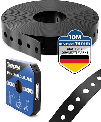 GARSIDURO® Montagelochband kunststoffummantelt [19mm x 10m] | Profi Lochband Metall schwarz zur Befestigung von Kabeln, Leitungen und Rohren | Flexibles Montageband Stahl Kunststoff Nagelband