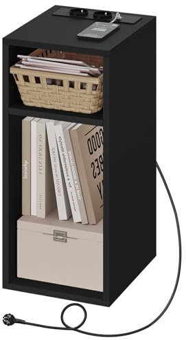 WOLTU Table de Chevet, Table d’appoint avec Station de Charge, 2 Compartiments Ouverts, 2 Ports USB+2 Prises, Noir, 25x30x60cm, NTS06sz