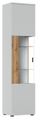 möbelando Glasvitrine >Alverno< in Asche/Coast Evoke Eiche Lamelle-Dekor - 50x208x40 (BxHxT)
