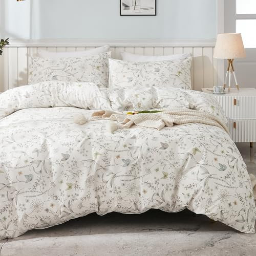 AShanlan Bettwäsche Baumwolle 135x200 Weiß mit Blumen Blätter Bettbezug mit Kissenbezug 80x80 cm Weiß Grau Vintage Pflanzenmuster Schmetterling Bettwäsche Set Reißverschluss