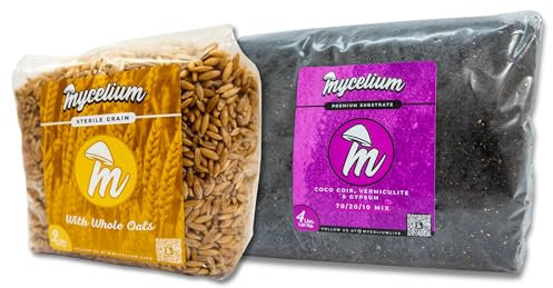 Mycelium Kit de cultivo de hongos I sustrato CVG (coco de coco, vermiculita, yeso) con grano de avena integral I Mezcla patentada de alto rendimiento I Bolsa de cultivo de hongos esterilizados para
