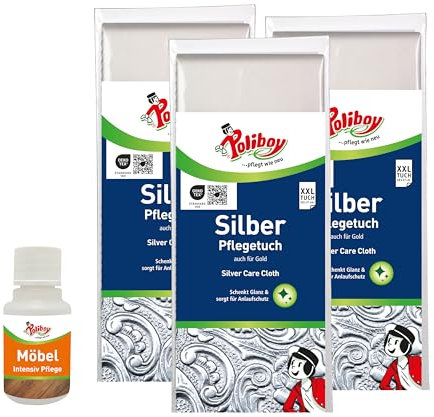 POLIBOY Silber Pflegetuch – Silberputztuch gegen Anlaufstellen – Wiederverwendbares Silberpoliertuch für Besteck & Schmuck - 3x 1 Stk - Mit Produktprobe - Made in Germany