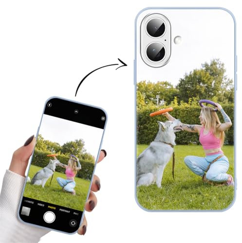 Yoedge Personalisierte Handyhülle für iPhone 16 Hülle Selbst Gestalten mit Eigenem Foto Bild Text Personalisiert Case Individuelle Geschenk Schutzhülle Blau Cover für iPhone 16 6,1
