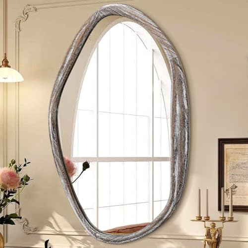 JJUUYOU Großer asymmetrischer Spiegel, unregelmäßiger Badezimmer-Wandspiegel, 65 x 45 cm, Holzrahmen, moderner dekorativer Spiegel für Make-up, Badezimmer, Wohnzimmer, Braun