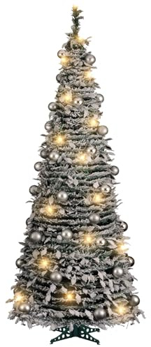 AMOS 1.8m Pre-Lit Christmas Tree with 150 Warm White LED Lights, Decorated with Baubles, Bows, Flowers & Ribbons – Realistic & Easy to Assemble (Silver)