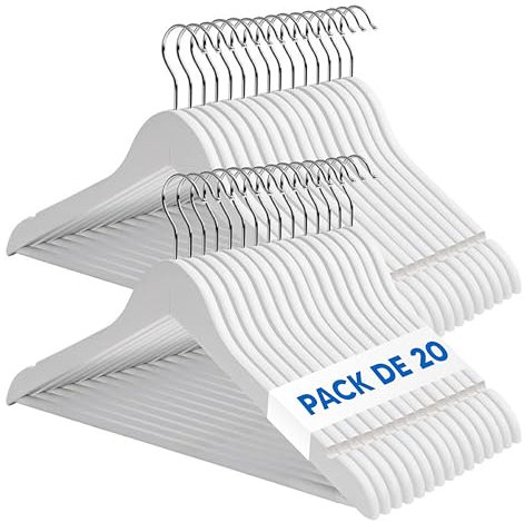 Mundo Home 20X Perchas Madera Blanca Maciza para Ropa - Perchas de Madera con Gancho Giratorio 360º - Perchas Ropa para Pantalones, Camisa, Traje, Vestidos - Colgadores Antideslizantes