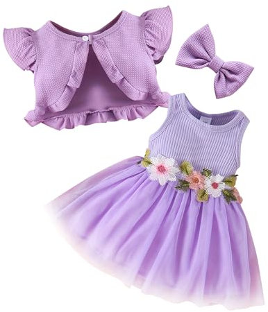 AIEOE Abito Cerimonia + Cardigan Volant Vestito Principessa Neonata per Battesimi Regali Viola 6-9 Mesi