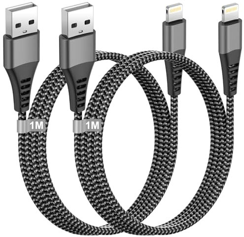 Cavo iPhone 1M 2Pack, Cavo Lightning Certificato Apple MFi Cavo Ricarica iPhone Cavetto iPhone Cavi USB Lightning Nylon Filo Caricatore iPad Caricabatterie per iPhone 14 Pro Max 13 12 11 XS XR 8 7 6 5