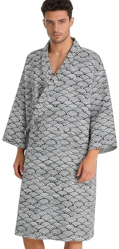 SIQITECH Kimono Robe Baumwolle Bademantel V Ausschnitt Nachthemd Damen Herren Morgenmantel Atmungsaktiv Dünn Schlafanzug mit Tasche Yukata Pyjamas Japanische Sleepwear Nachtwäsche Frühling Sommer