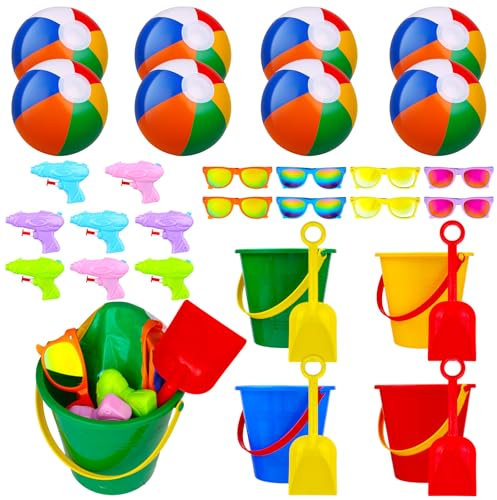 Haishell 32 Pcs Beach Toys Set for Kids Include Sand Bucket and Shovels Set Inflatable Beach Balls Mini Water Squirts Neon Sunglasses for Travel Summer Indoor Outdoor Pool Party Favors