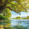 TRIOSK Sichtschutz Garten Dekoration Plane groß mit Motiv Baum Sonne Wasser Fluss Ufer Motivbanner Blickdicht für Terrasse Zaun Gartenzaun Gartenposter PVC Zaunblende 600x200 cm